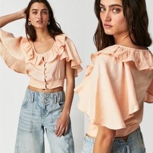 NWOT Free People Sweet Times Linen Top Peach Fuzz Ruffles Dainty Flutter